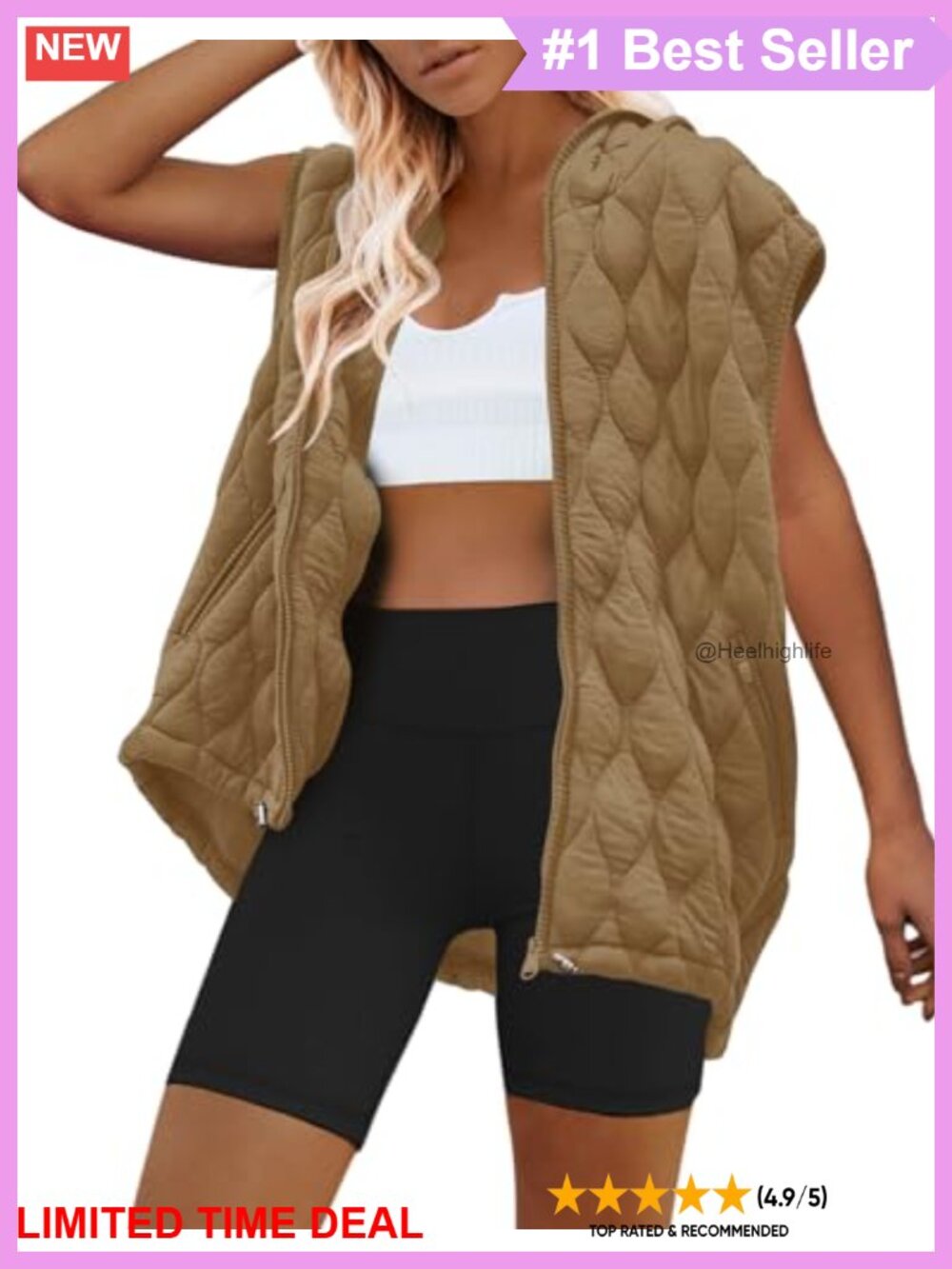Oversized Quilted Puffer Vest Hooded Zip Up Sleeveless Winter Coat